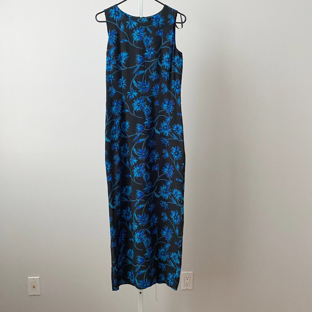 Spenser Jeremy‎ 100% Silk Moody Floral Sleeveless Maxi Dress 10 Black Blue